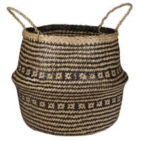 Cesta tailandesa de fibra vegetal con motivos decorativos étnicos negros Cesta tailandesa de fibra vegetal con motivos decorativos étnicos negros