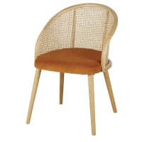 SOCKETTE - Chaise avec accoudoirs en velours marron écureuil cannage en rotin coloris naturel
