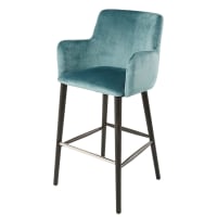 DORIS BUSINESS - Chaise de bar professionnelle vintage en velours bleu H110