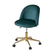 MAURICETTE - Chaise de bureau à roulettes en velours bleu pétrole et métal coloris laiton