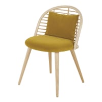 MALAGA - Chaise en velours jaune ocre, rotin et bouleau