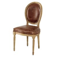 LOUIS - Chaise médaillon en cuir et chêne massif marron