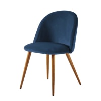 MAURICETTE - Chaise vintage bleu nuit et métal imitation chêne