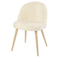MAURICETTE - Chaise vintage en imitation fourrure ivoire et bouleau