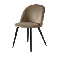MAURICETTE - Chaise vintage en velours beige capuccino et métal noir