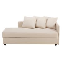 Chaiselongue mit Bettkasten und beigem Stoffbezug Chaiselongue mit Bettkasten und beigem Stoffbezug