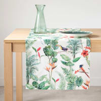 PARADISE - Chemin de table en coton imprimé tropical vert et rose 48x150