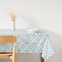 MOSAIA - Coated cotton tablecloth with blue and ecru mosaic print 150x250cm