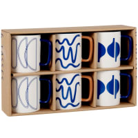 OLBIA - Coffret tasses (x6) en grès écru et bleu motifs graphiques