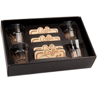 Coffret verres à café avec inscriptions noires (x4) et soucoupes en bambou