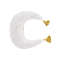 MALAGA - Cojín con luna de algodón color crudo y mostaza con estampado y borlas 21 x 25 cm