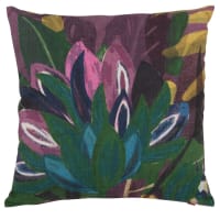 BRANKO - Cotton and linen cushion cover with purple, green and yellow plant print 40x40cm