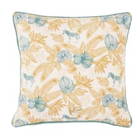 ALDORINE - Coussin en coton bio jaune moutarde, doré et bleu canard imprimé 45x45