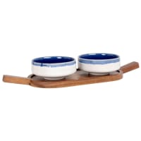 HYERES - Cuencos de aperitivo de gres color crudo y azul (x2) con plato de madera de acacia