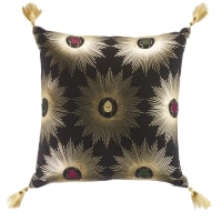 SCOPELLA - Cuscino in cotone nero con motivi ricamati a forma di sole e pompon, 45x45 cm