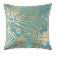 Cuscino in velluto blu stampa foglie dorate, 45x45 cm Cuscino in velluto blu stampa foglie dorate, 45x45 cm
