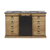 GERMAIN - Double basin unit in solid mango wood, slate-style stone and patina aged-effect metal with 1 door and 6 drawers