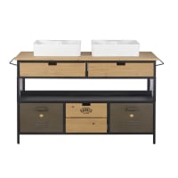 HARVEY - Double basin unit in solid pine and charcoal grey metal with 2 drawers and 3 storage compartments