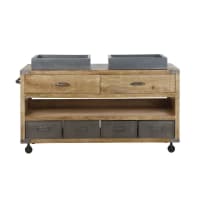 HELMARD - Double basin unit on castors in solid mango wood and metal with 2 drawers and 4 storage compartments