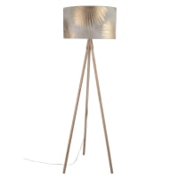 Dreifuß-Stehlampe aus Eichenholz, Lampenschirm bedruckt mit Palmenmotiv H155