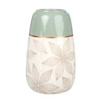 Ecru and Almond Green Ceramic Vase with Engraved Floral Print H22