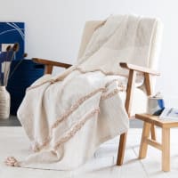 PRADET - Ecru, beige and caramel recycled cotton throw with pompoms 160x210cm