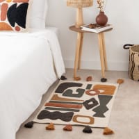 Ecru katoenen tapijt met bruine, mosterdgele en zwarte etnische motieven, 60x90