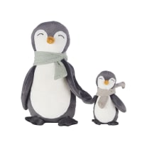 Family of penguins cuddly toys (x2) in charcoal grey, white, orange and blue
