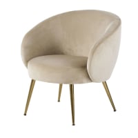 Pouf fauteuil et son repose-pieds velours côtelé beige - MORGAN