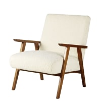 HERMANN - Fauteuil uit witte boucléstof en massief essenhout
