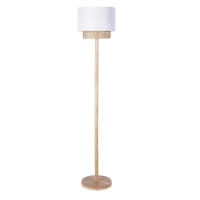 LILA - Feste Stehlampe aus Kautschukholz mit Lampenschirm aus Rattan und weißem Stoff, H146cm