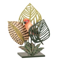Figura de loro con hojas de metal y resina verde y rosa Alt. 28