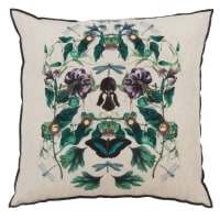 Fodera per cuscino in lino e cotone écru stampa floreale e libellula verde e viola 40x40 cm
