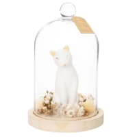 Glass bell jar, ecru cat and gold foliage