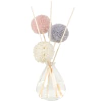 Glass diffuser with pink, blue and white pom poms in flax flower scent 100ml