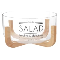 Glass salad bowl with black inscription and stand