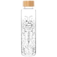 Glazen drinkfles met zwart bloemenmotief en dop van bamboe 0,6 l