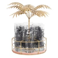 Glazen met grijs en kakigroen tropisch motief (x6) en vergulde metalen houder in vorm van palmboom