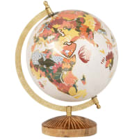 Globe terrester carte du monde blanc et rose, supporte en bois de manguier marron