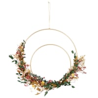 Gold metal circle wreath wall art with dried flowers