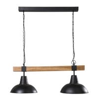 Hanglamp van zwart metaal en mangohout Hanglamp van zwart metaal en mangohout