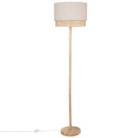 KARVEN - Heveahouten staande lamp met lampenkap van katoen en rotan H160