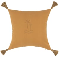 HASAKA - Housse de coussin en coton bio motifs palmiers et pompons jaune moutarde, doré et brun 40x40