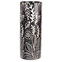 Jarrón cilíndrico de gres negro con estampado de hojas blanco 29 cm