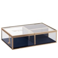 Jewellery box with compartments in blue and gold metal and glass
