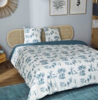 GEORGIA - Jogo de cama em algodão cru e azul-esverdeado estampado 240x260