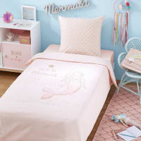 MERMAID - Juego de cama infantil de algodón blanco, rosa y dorado 140x200