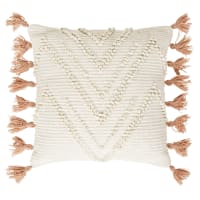 ABONA - Kissen aus ecrufarbener Webbaumwolle mit altrosafarbenen Pompons, 45x45cm