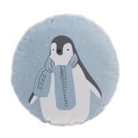 ALESUND - Kissen rund, blau-grau-weiß mit Pinguindruck, D30cm