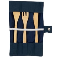 Lot de 2 - Kit couverts en bambou et pochette en coton bleu